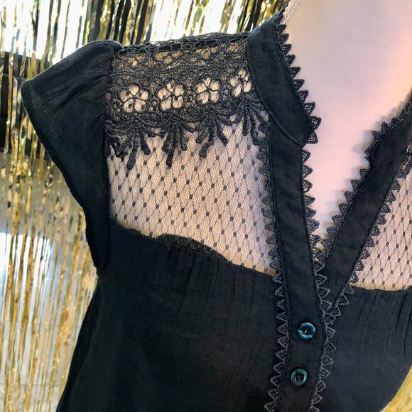 Blue Embroidered Blouse High Lace Collar V-neck Size Small Elegant Holidays - Picture 6 of 16